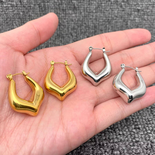 Glossy Geometric Drop Hoop Earring, 18k Gold Plated & Stainless Steel Silver