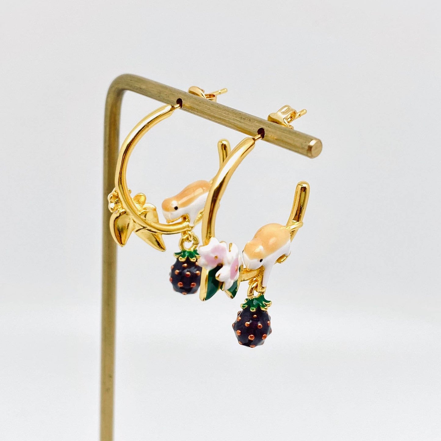 Hamster Picking Raspberrie Enamel Hoop Earrings, Gold Color