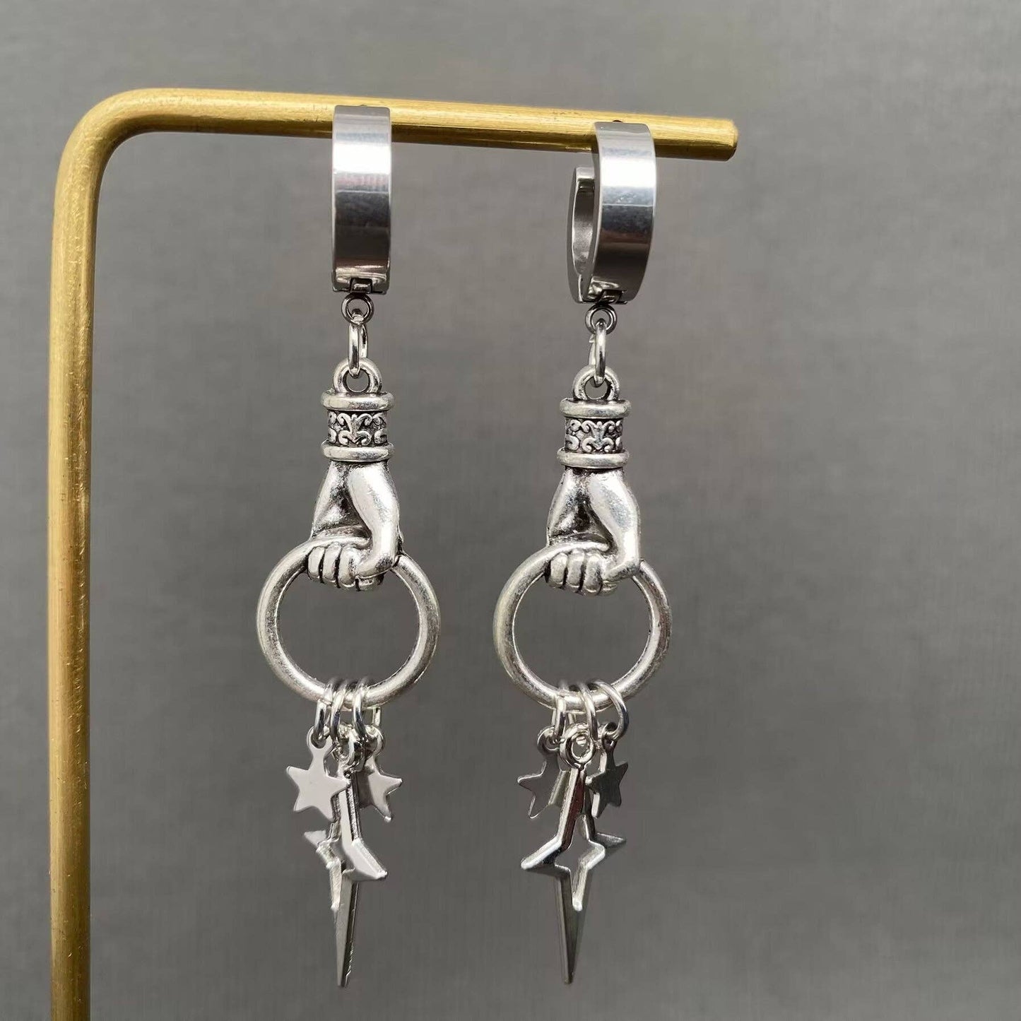 Gothic Hand Catch Star Huggie Drop Dangle Earrings, Silver Color