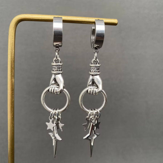 Gothic Hand Catch Star Huggie Drop Dangle Earrings, Silver Color