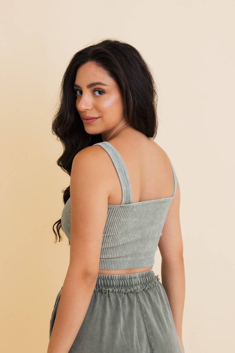 SALE • Stone-Washed Ribbed Padded Bralette, Black, Sage