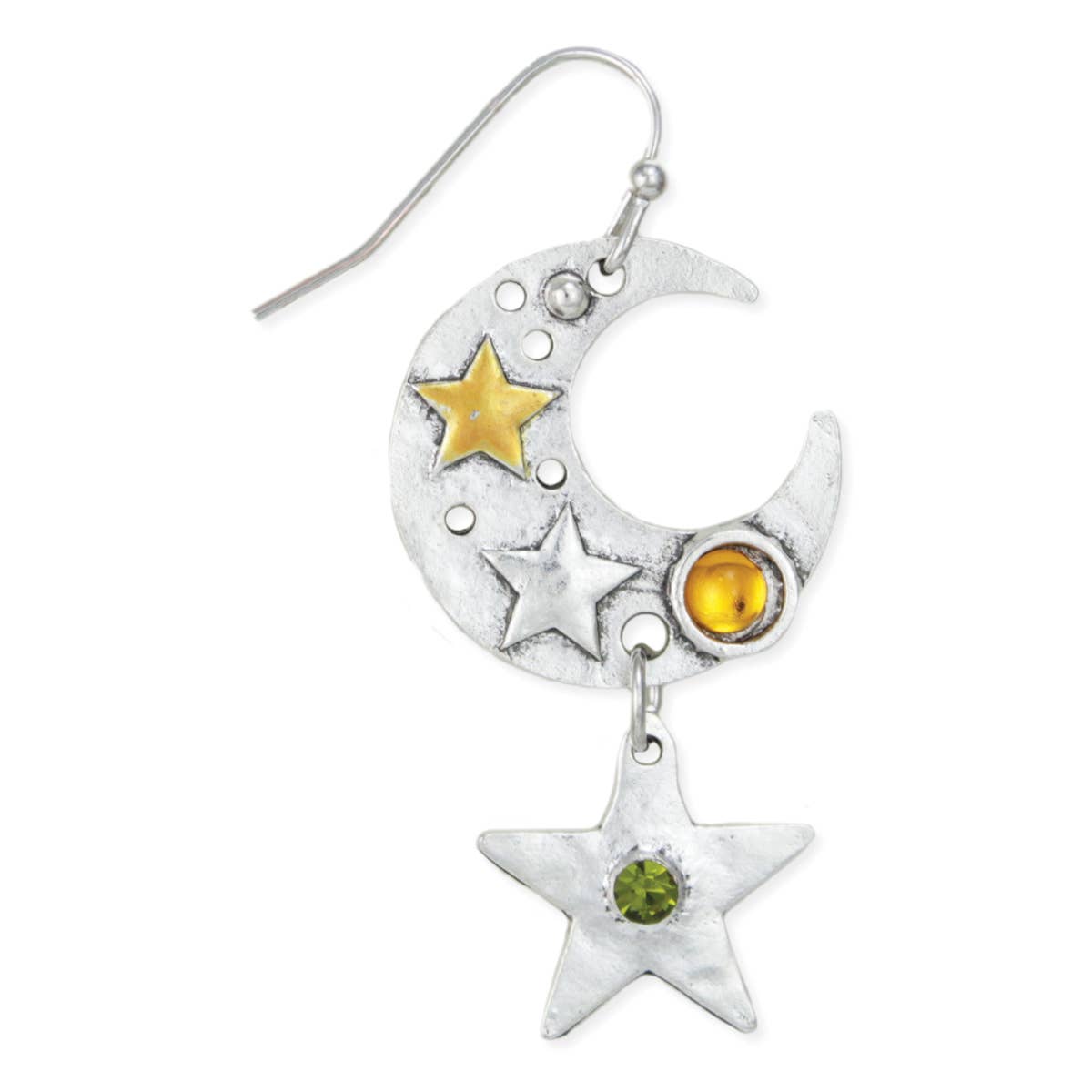 Silver Color Moon and Star Jewel Dangle Earrings