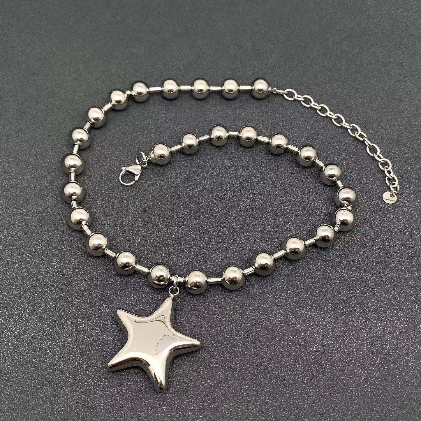 Glossy Big Star Charm Metal Beaded Necklace, Stainless Steel Silver Color