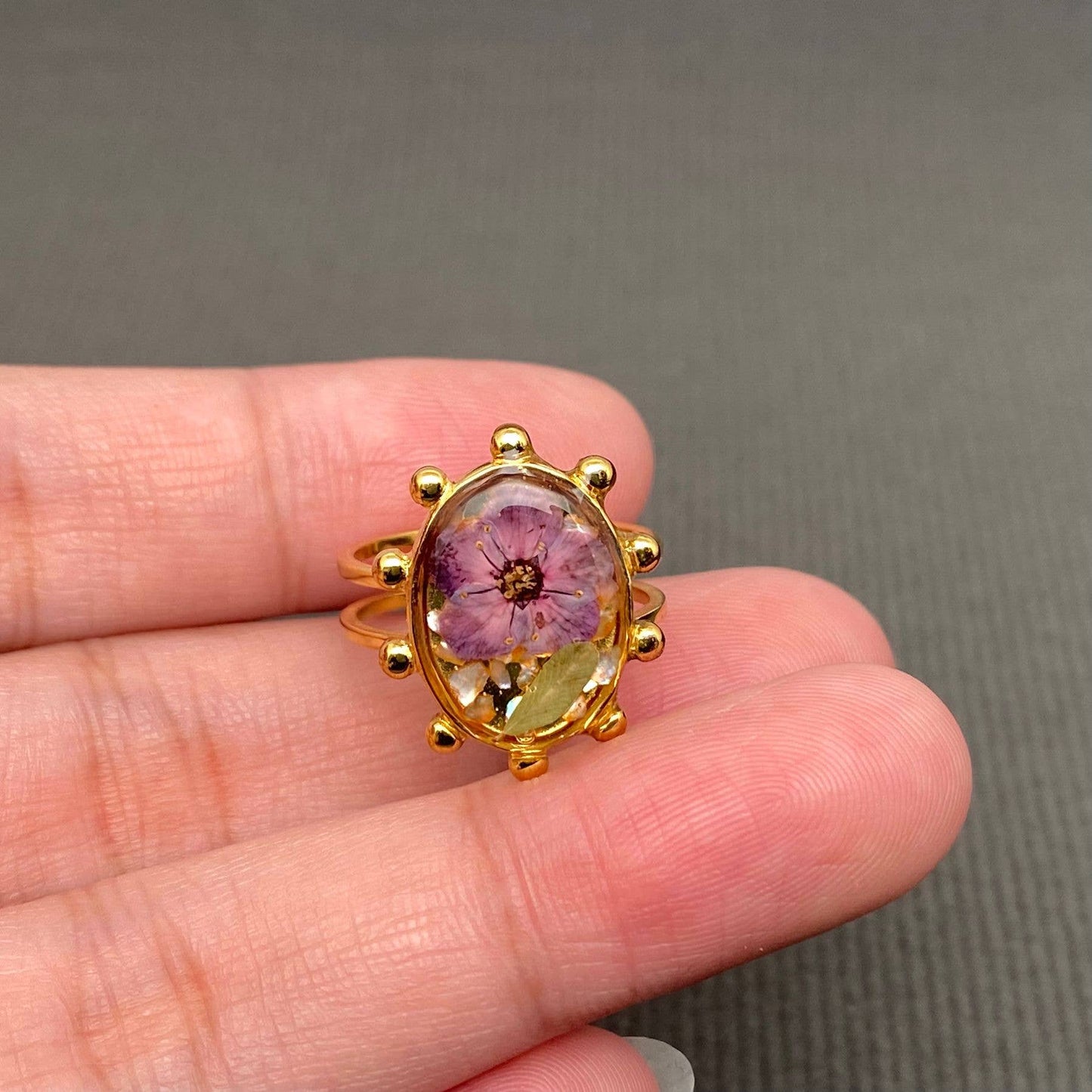 Dried Flower Adjustable Floral Rings, 18k Gold Plated