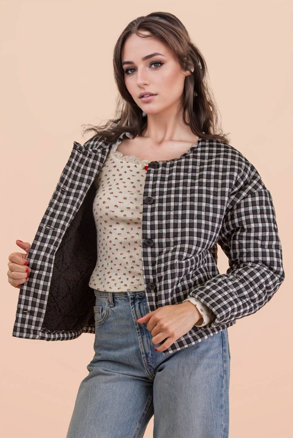 Very J • Gingham Quilt Oversized Casual Jacket