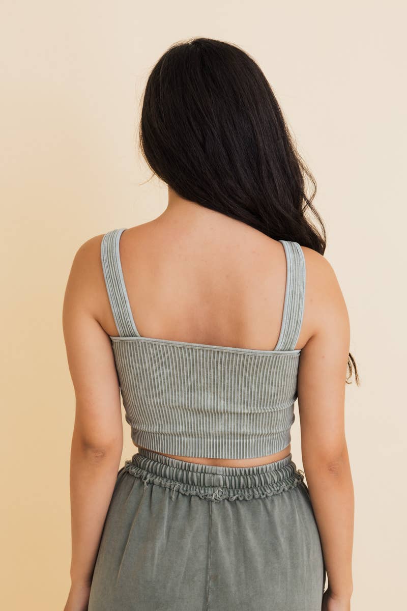 SALE • Stone-Washed Ribbed Padded Bralette, Black, Sage