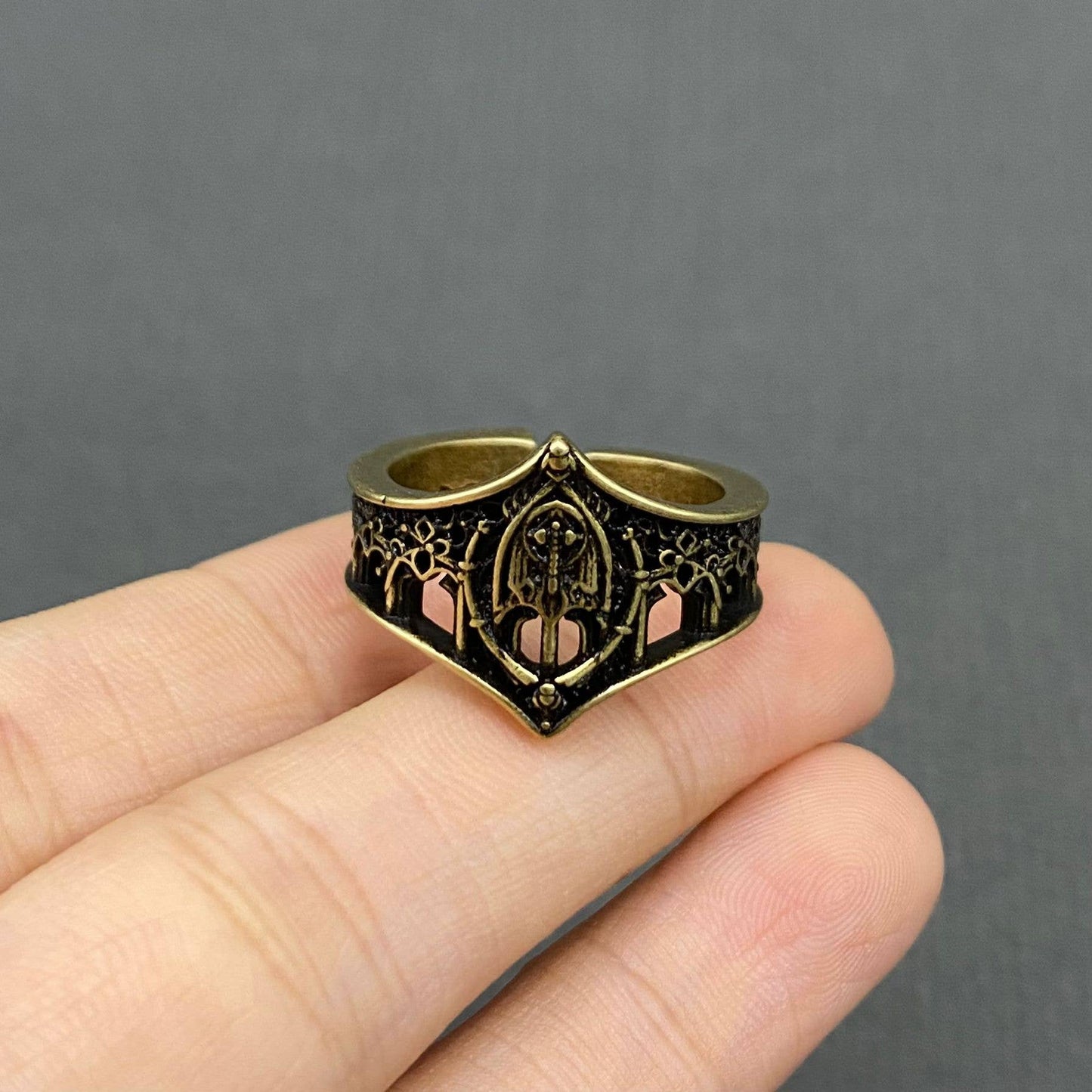 Vintage Gothic Style Castle Ring, Aged Gold Color