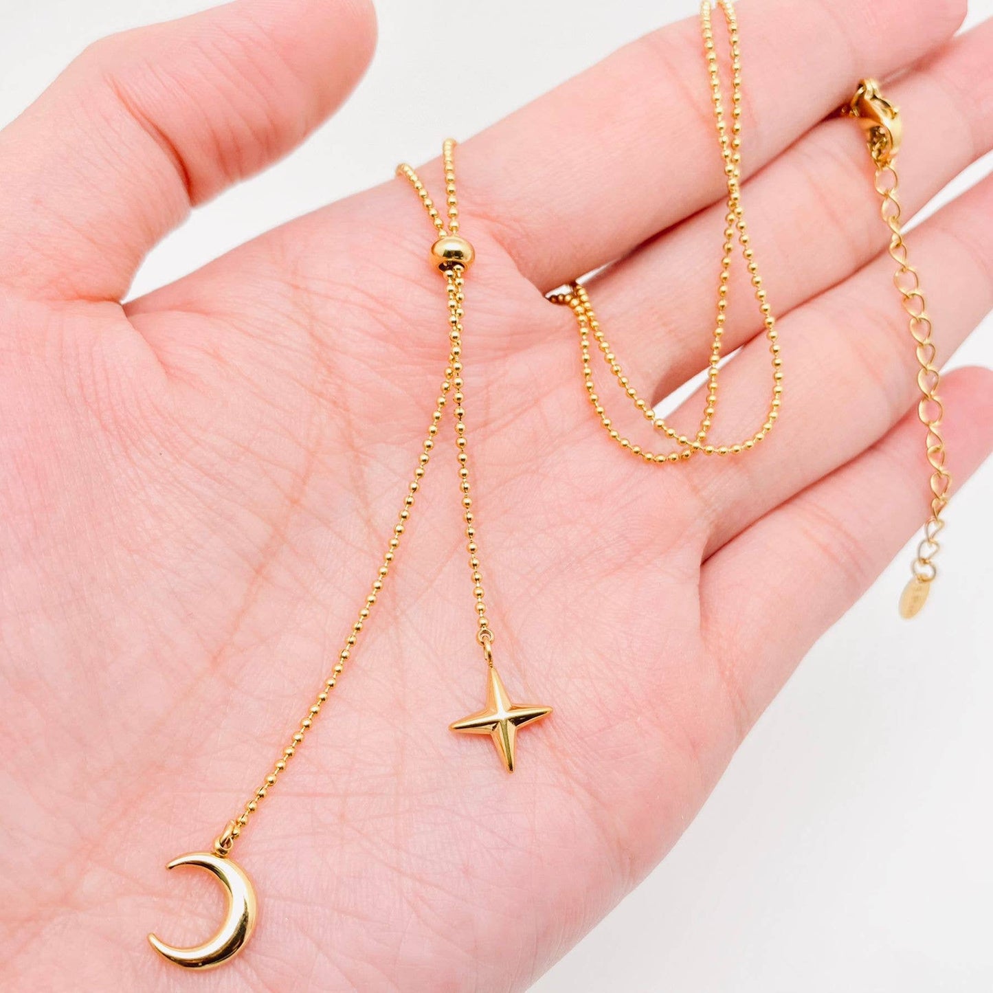 Star Moon Charm Bolo Style 18K Gold Plated Necklace