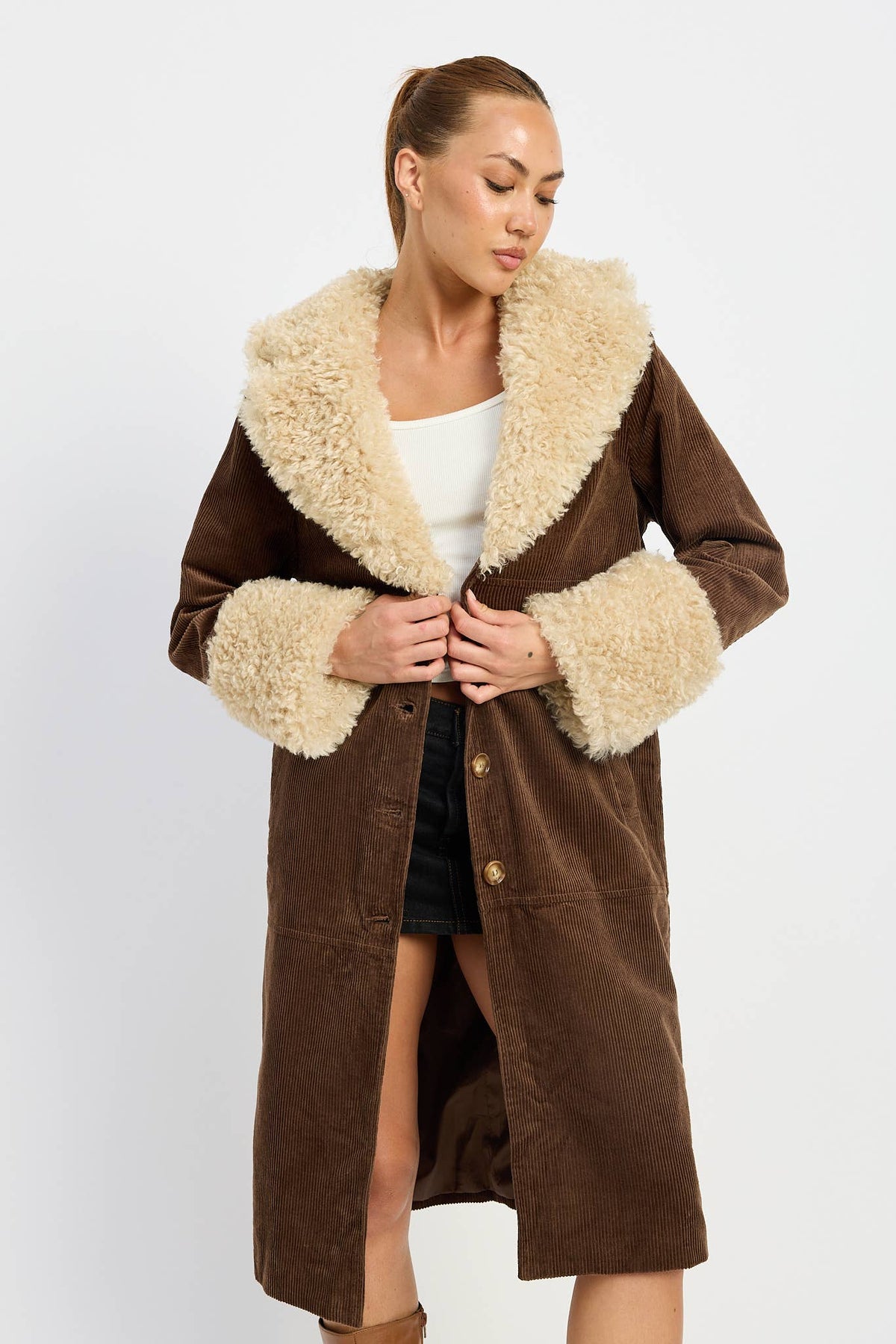 Emory Park • Mid-Length Trench Coat, Faux White Fur