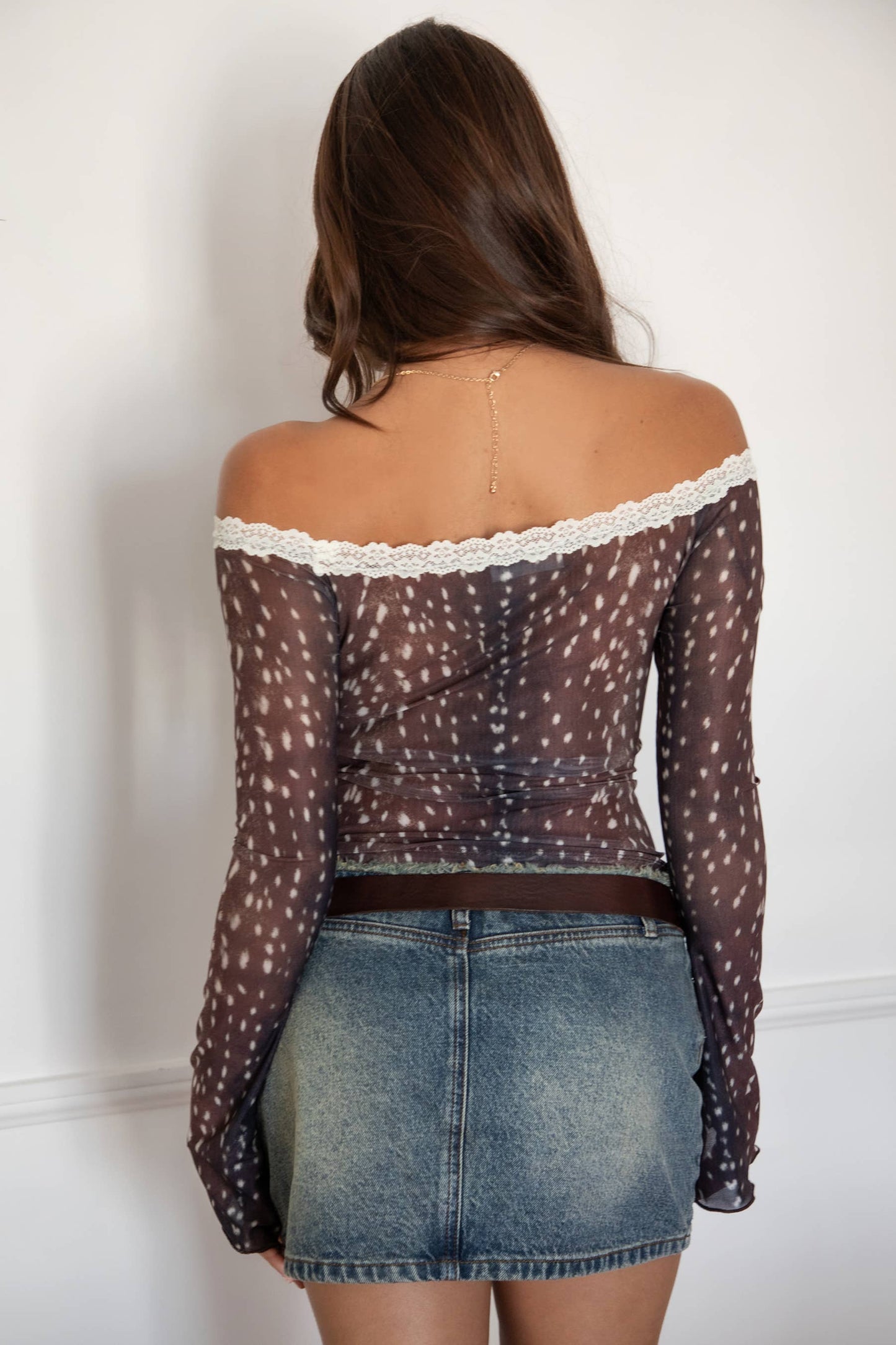 Fawn Doe Deer Mesh Dainty Lace Trim Off-the-Shoulder Top
