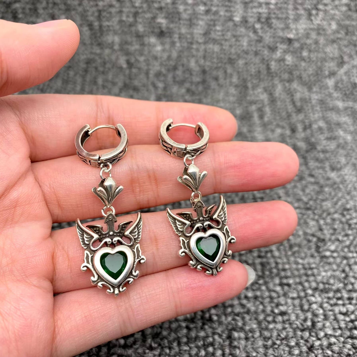 Gothic Vintage-Style Crown Heart Charm Huggie Dangle Earrings, Aged Silver Plated