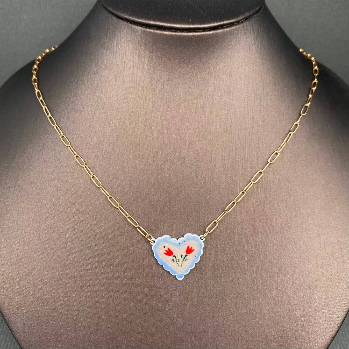 Flower Pattern Heart Charm Necklace, Gold Plated
