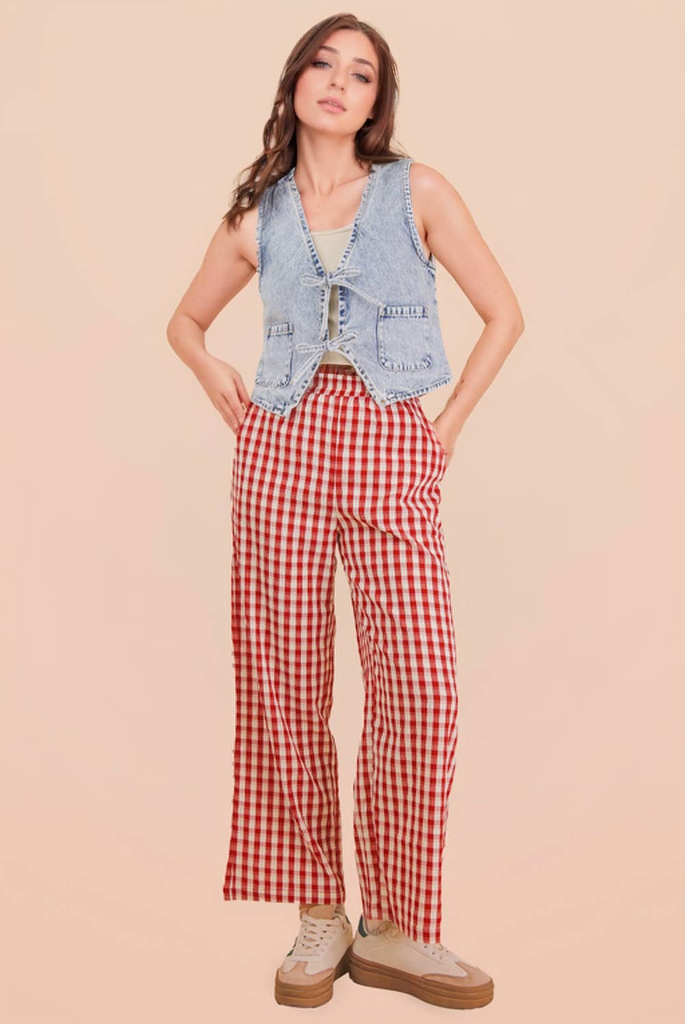 VERY J • Gingham Casual Elastic Relaxed Bottom Pants