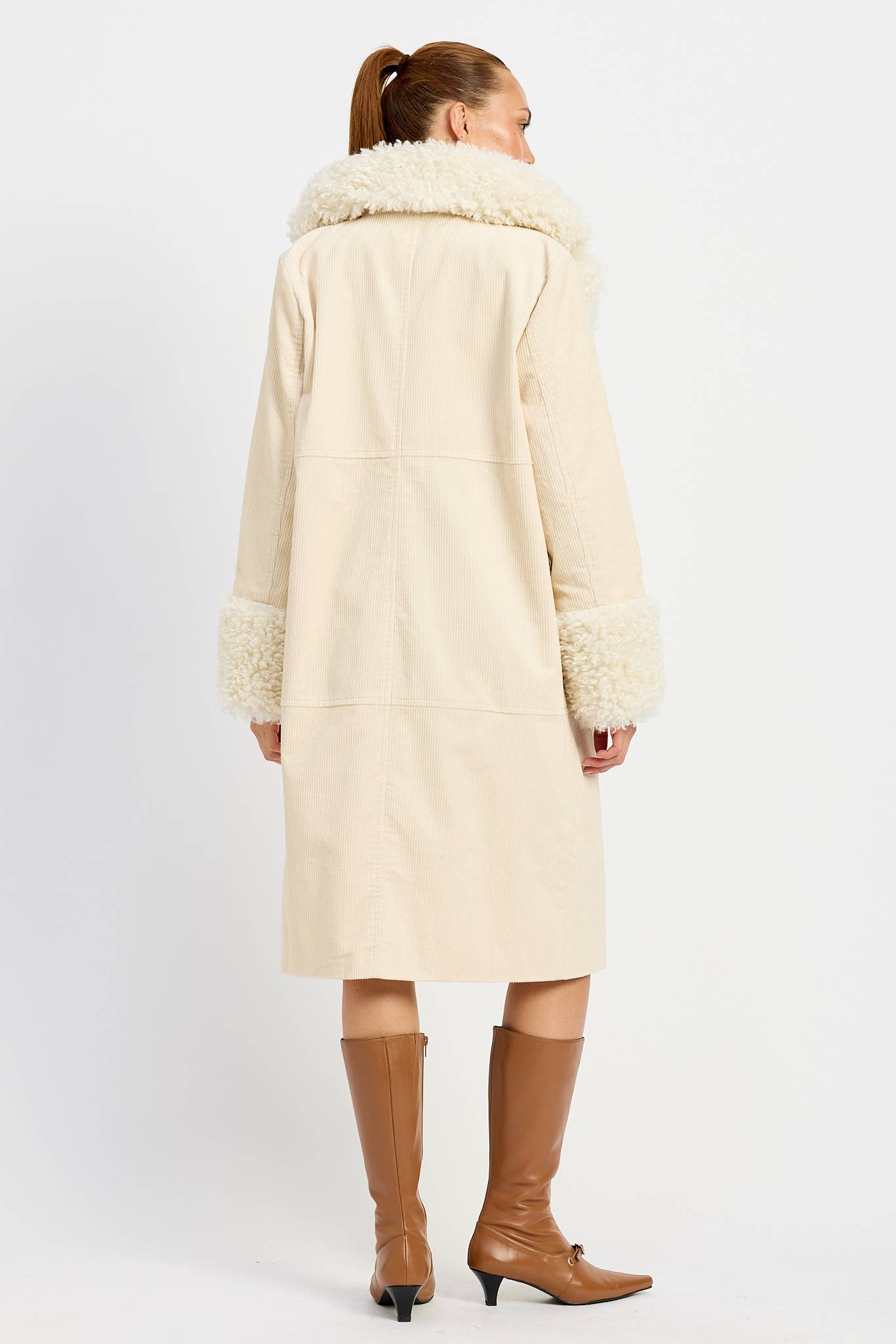 Emory Park • Mid-Length Trench Coat, Faux White Fur