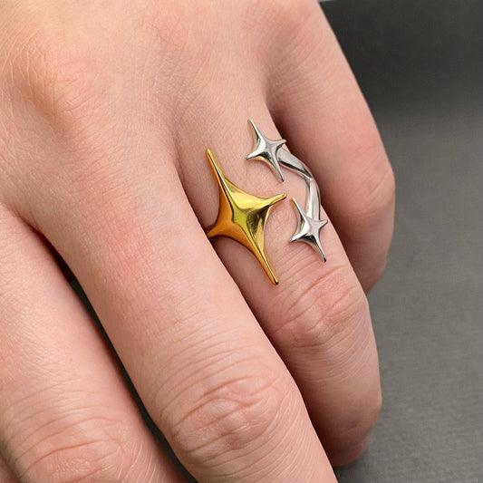 Two-Tone Three Stars Sparkle Adjustable Ring, 18K Gold Plated, Stainless Steel