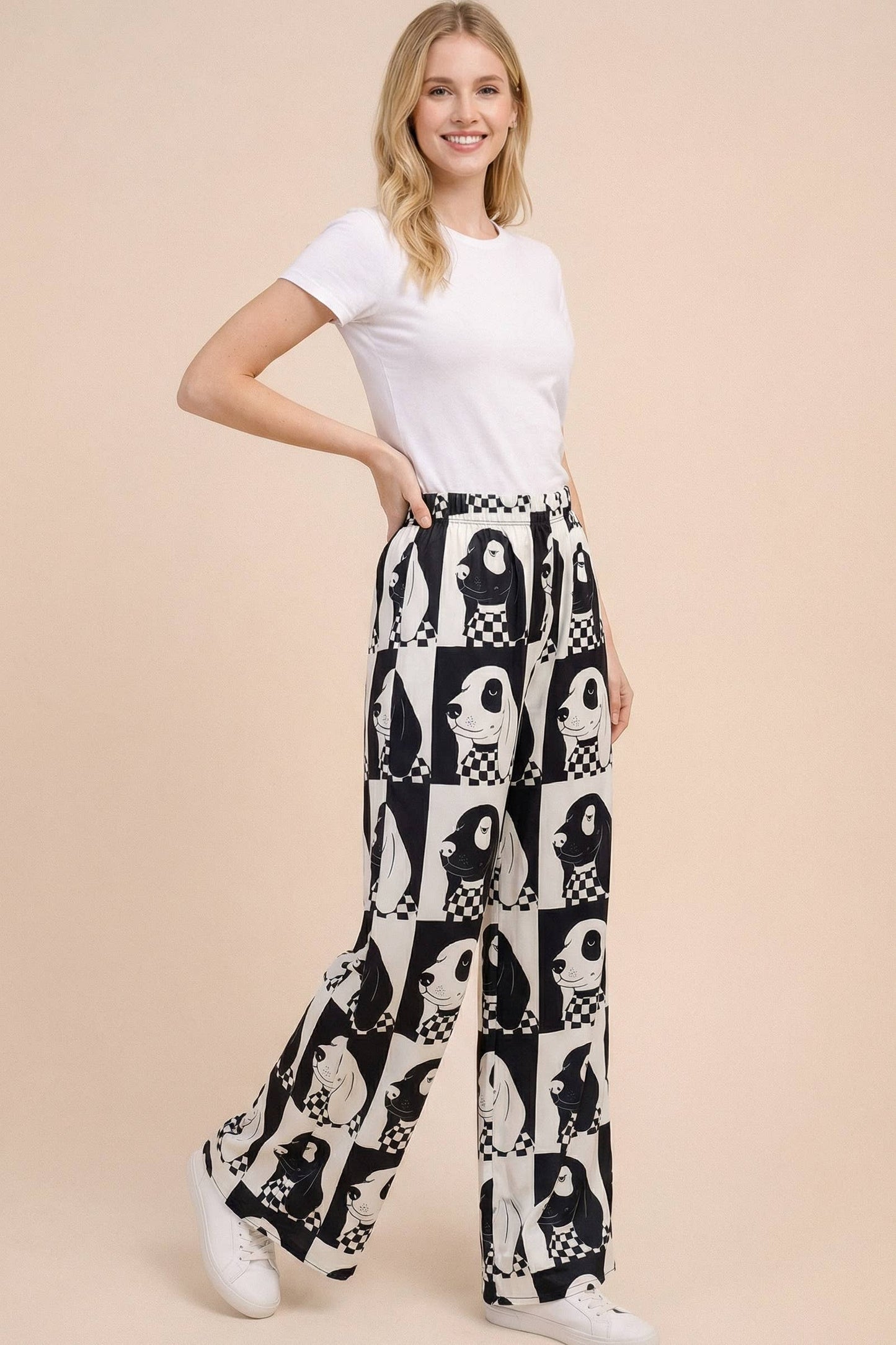 Plus Size, Dog Pattern Checkered Wide Leg Pants