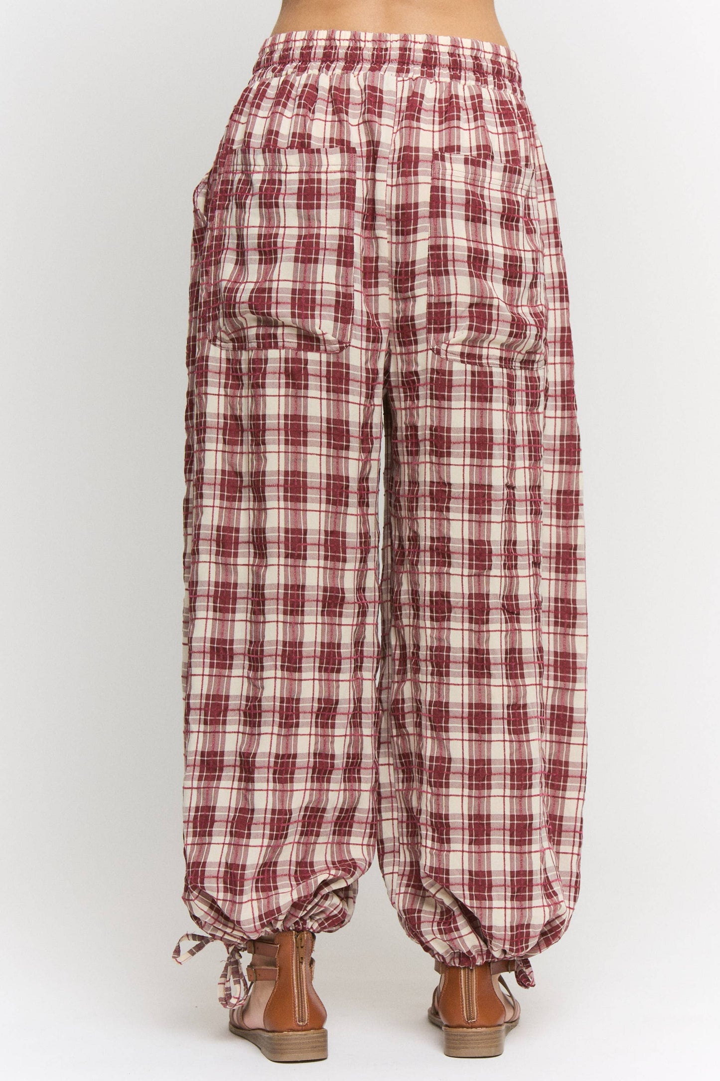Plus Size, Wine Maroon Plaid Cinched Stretch Pants