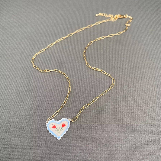 Flower Pattern Heart Charm Necklace, Gold Plated