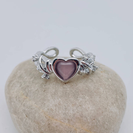Pink Heart-Shaped Silver Color Adjustable Ring