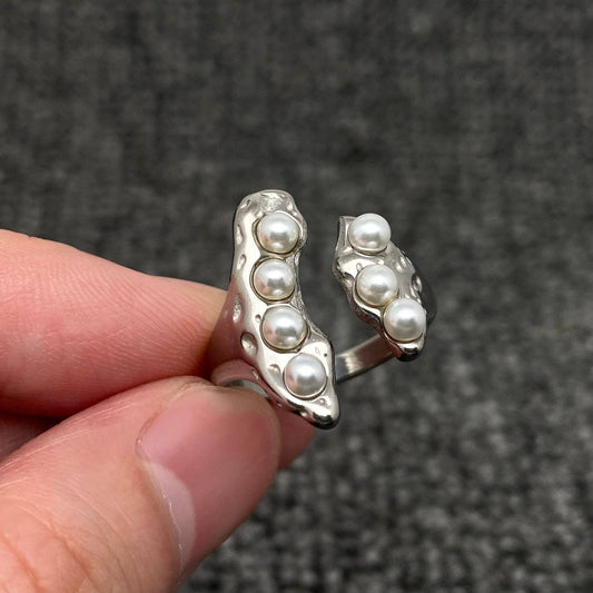 Stainless Steel Silver Color Inlaid Pearl Ring