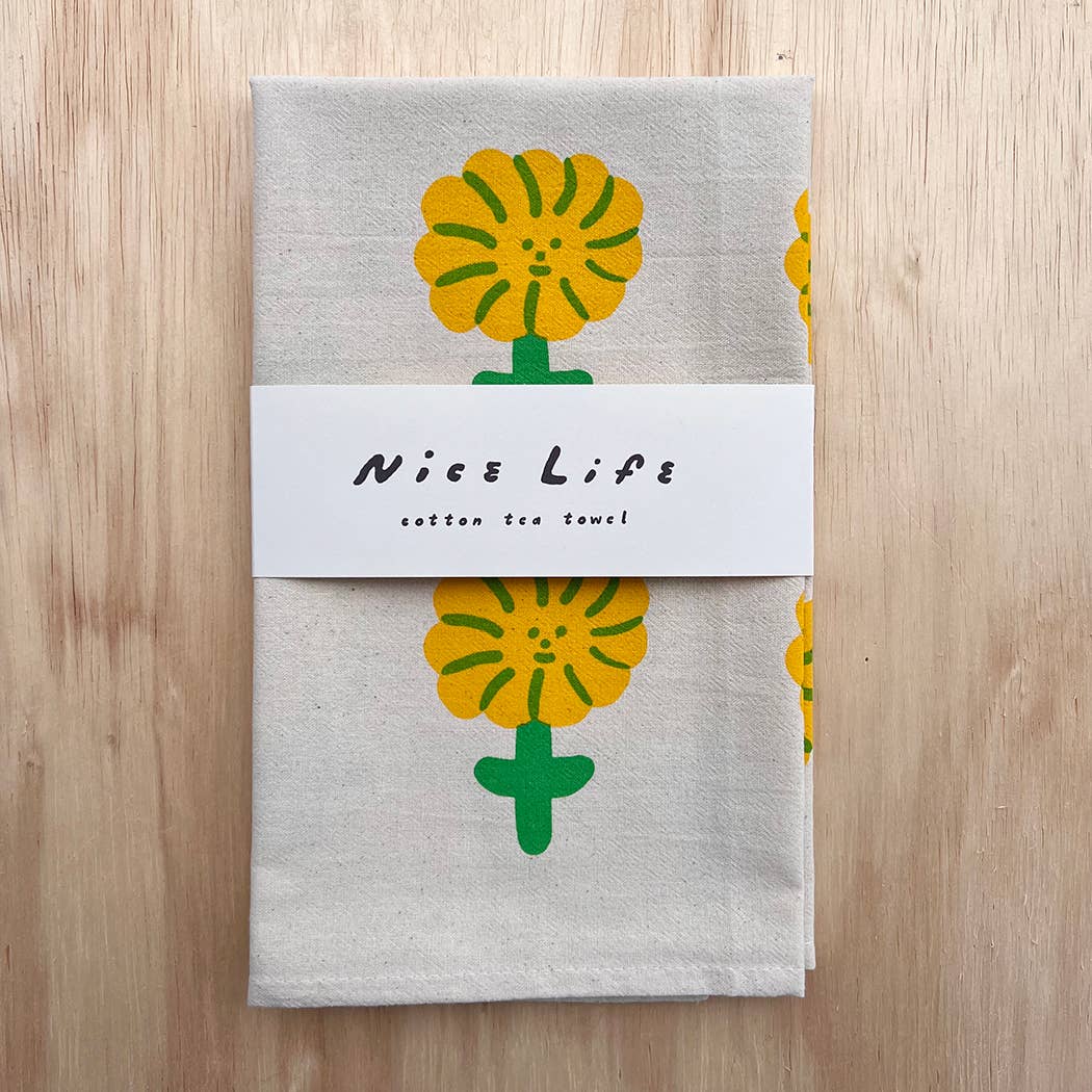 Hand-Printed Happy Flower Tea Towel