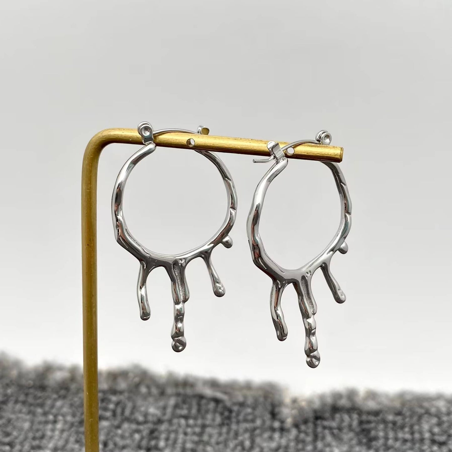 Lava Drippy Hoop Earrings, 18k Gold Plated, Stainless Steel Silver