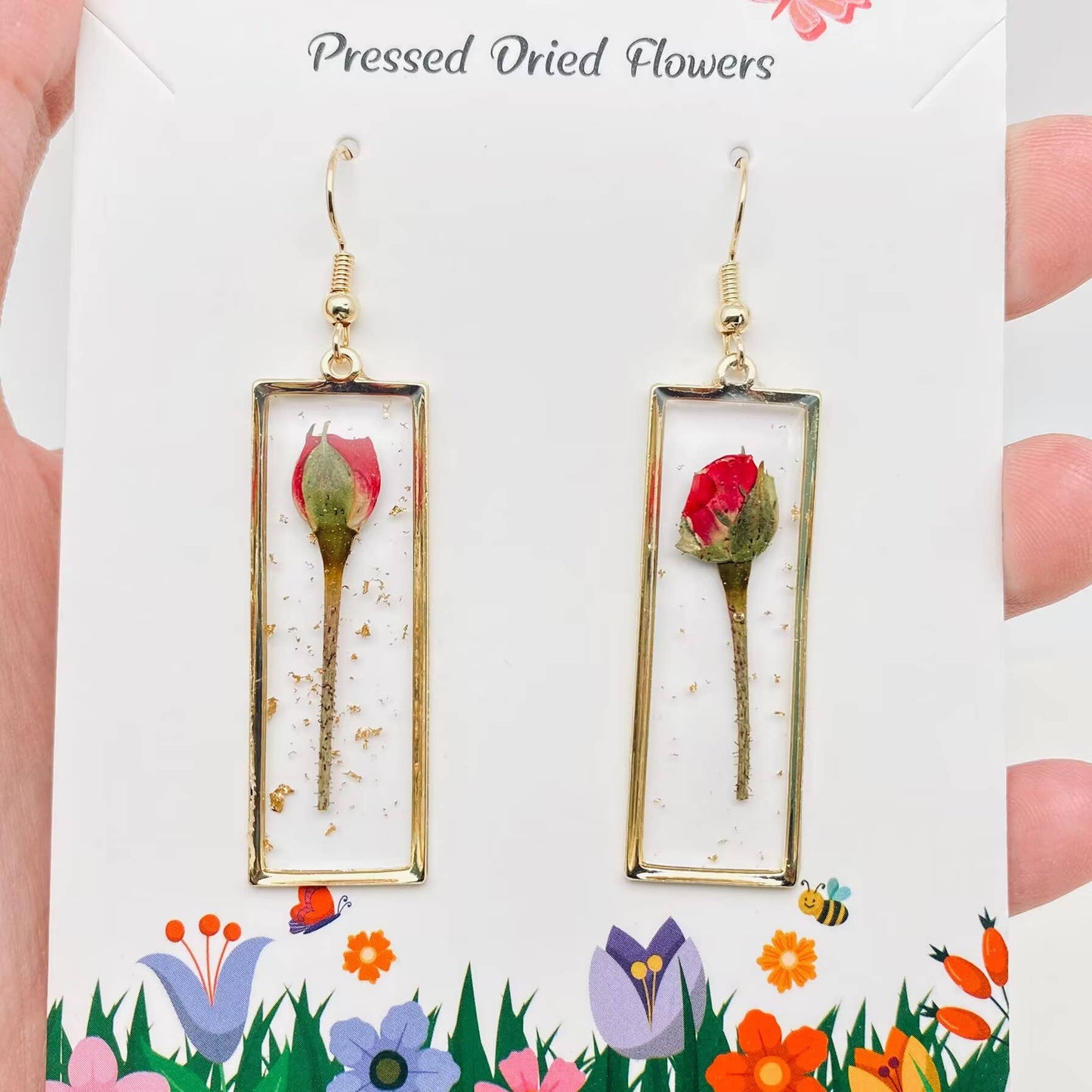 Rectangular Genuine Rose Dried Flowers Dangle Earrings, Gold Color