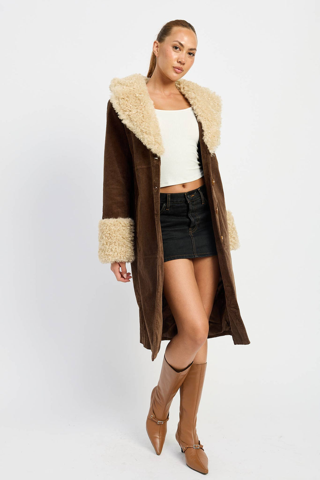 Emory Park • Mid-Length Trench Coat, Faux White Fur