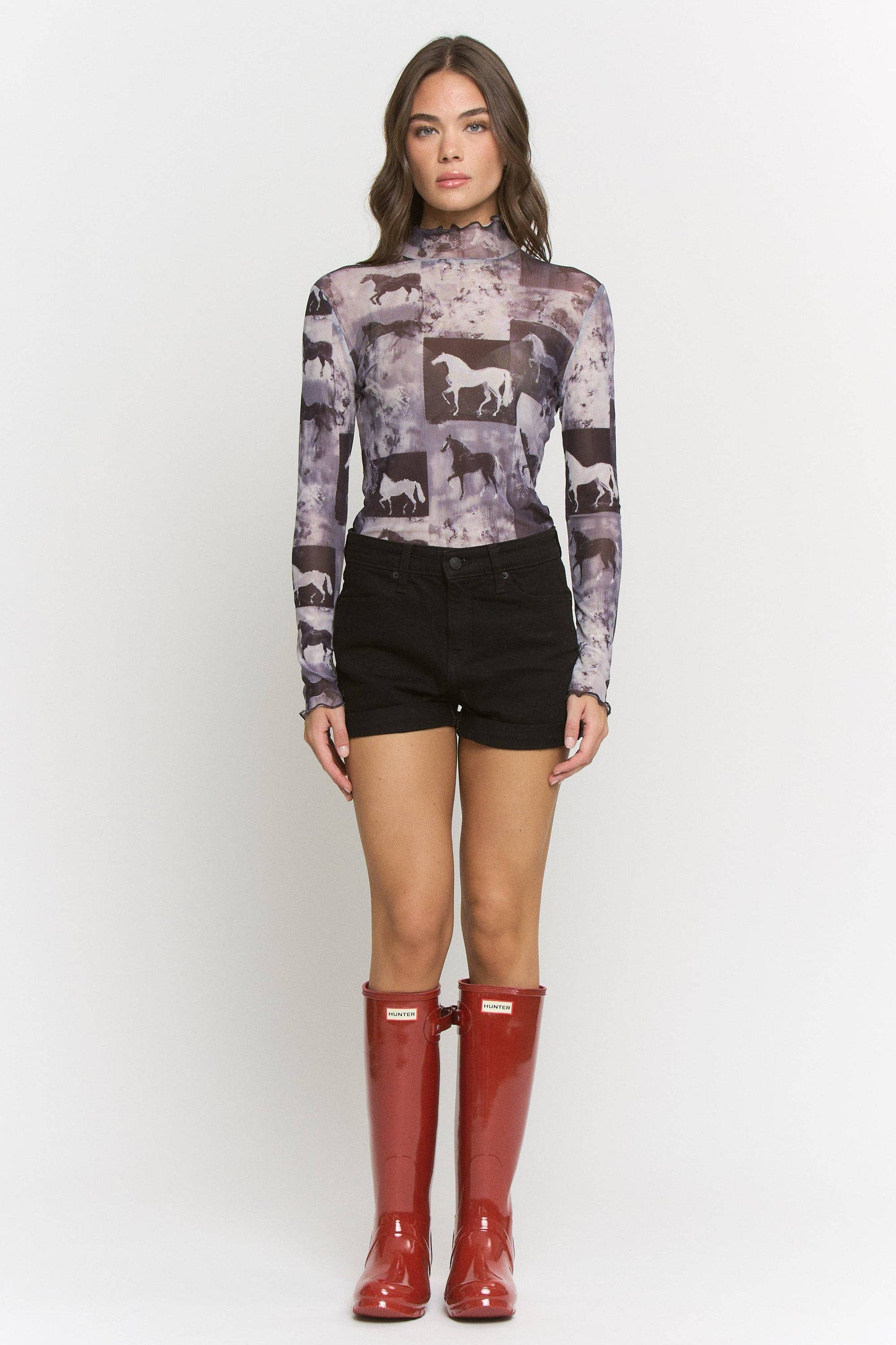 Plus Size, Horse Print Mesh Mock Neck Long Sleeve Top