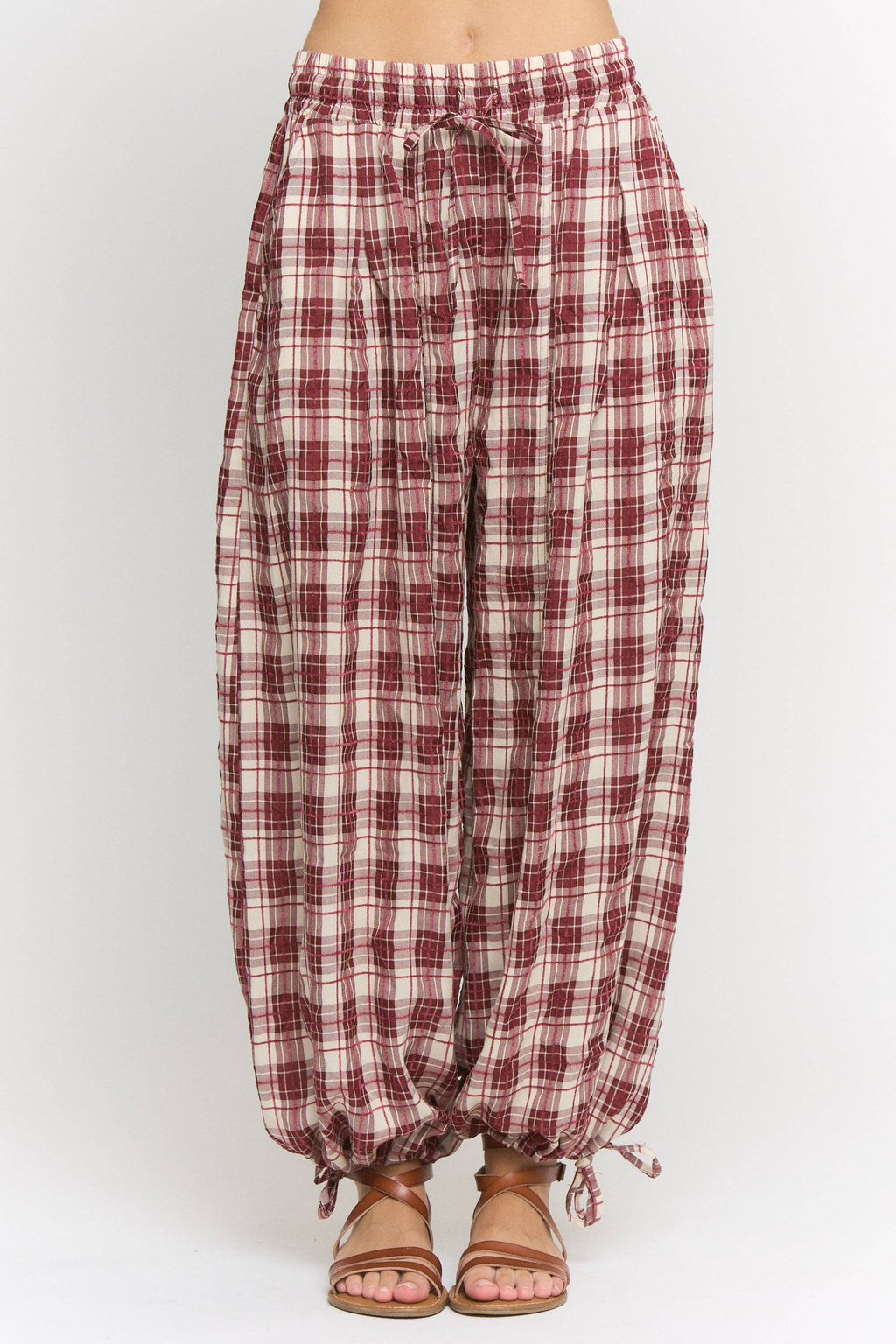 Plus Size, Wine Maroon Plaid Cinched Stretch Pants