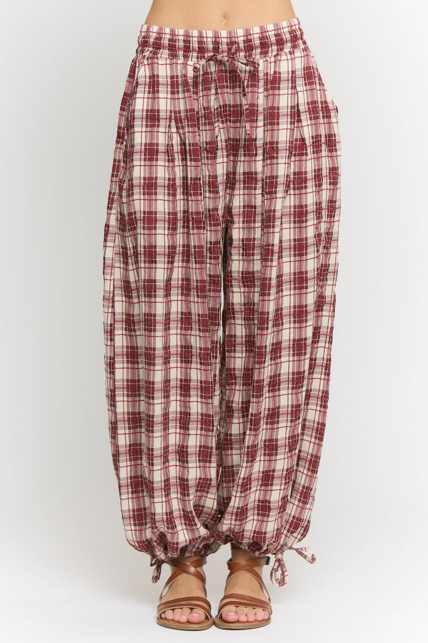 Plus Size, Wine Maroon Plaid Cinched Stretch Pants
