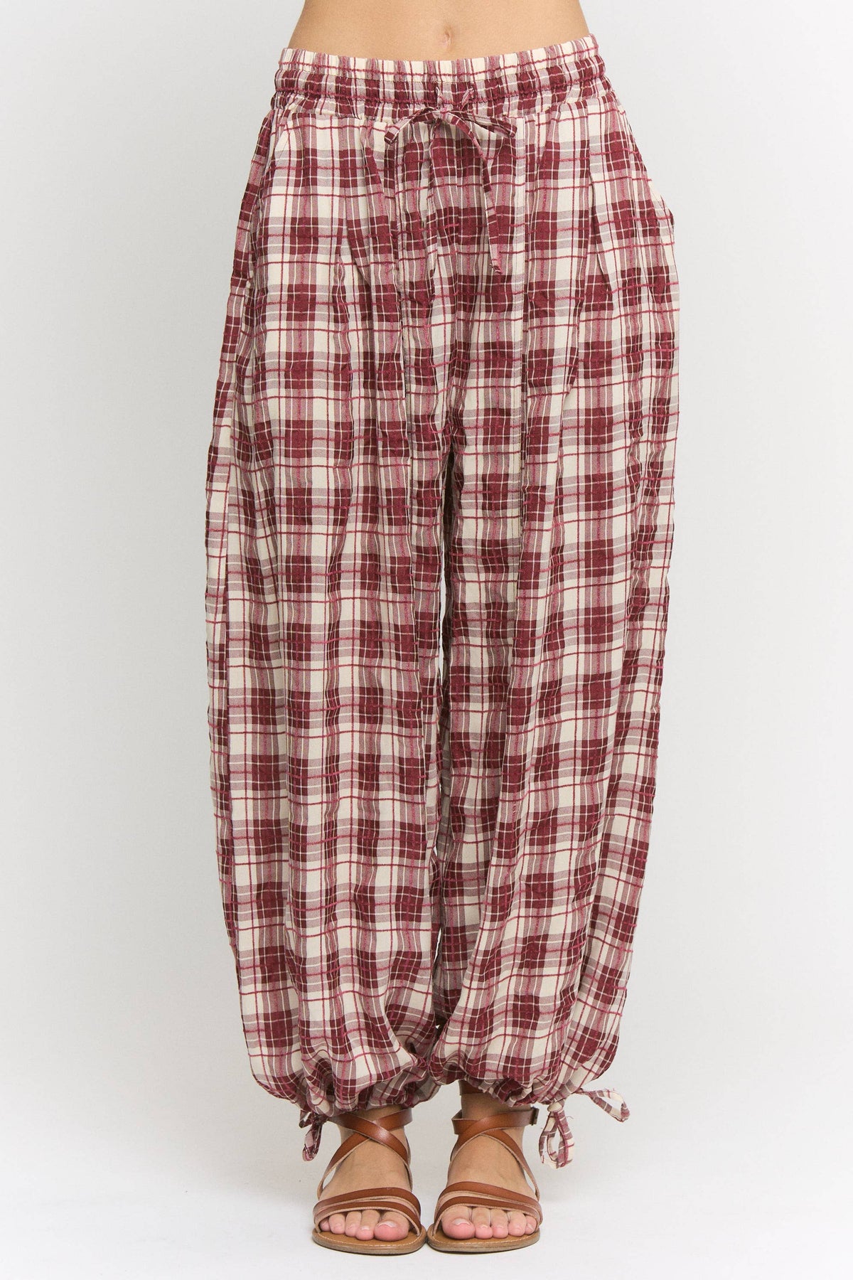 Plus Size, Wine Maroon Plaid Cinched Stretch Pants