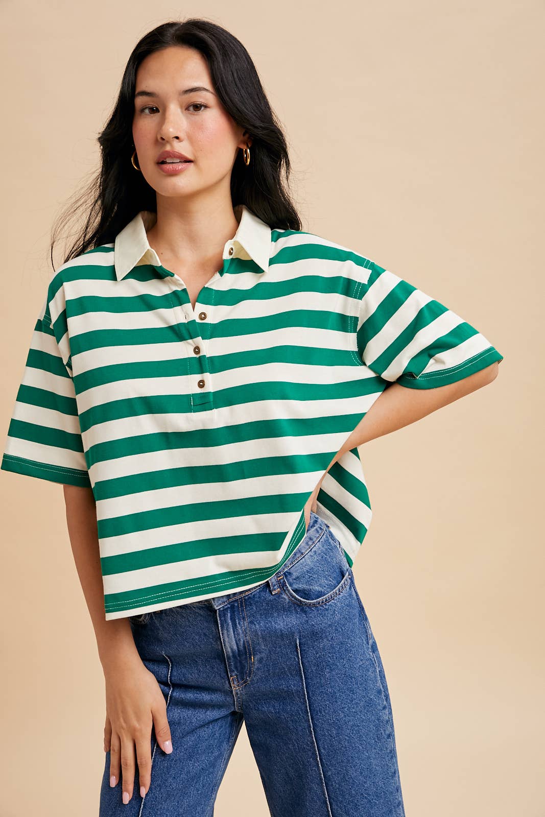In Loom • Striped Rugby Oversized Boxy Cropped Polo Top