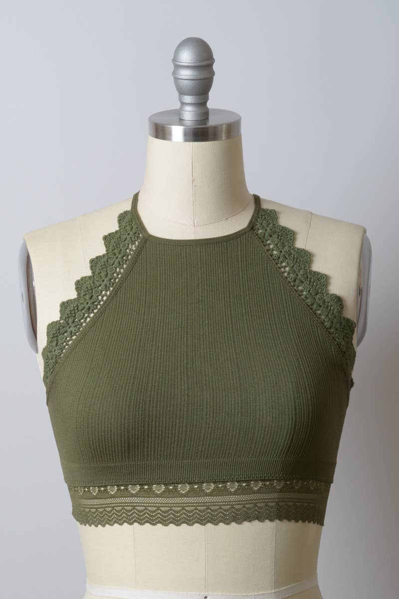 Crochet Lace Trim Bralette, Olive, Black, Rust