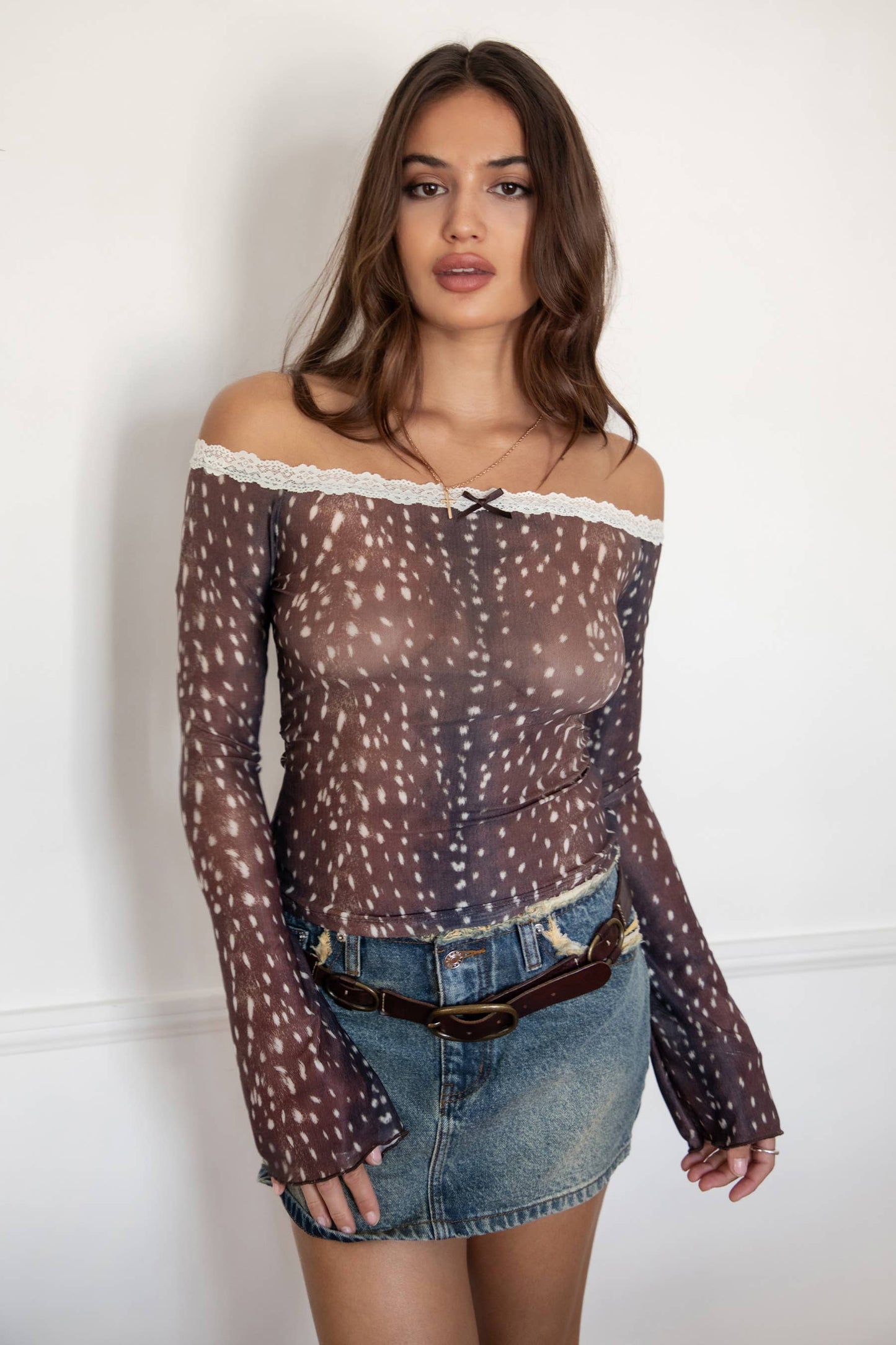 Fawn Doe Deer Mesh Dainty Lace Trim Off-the-Shoulder Top