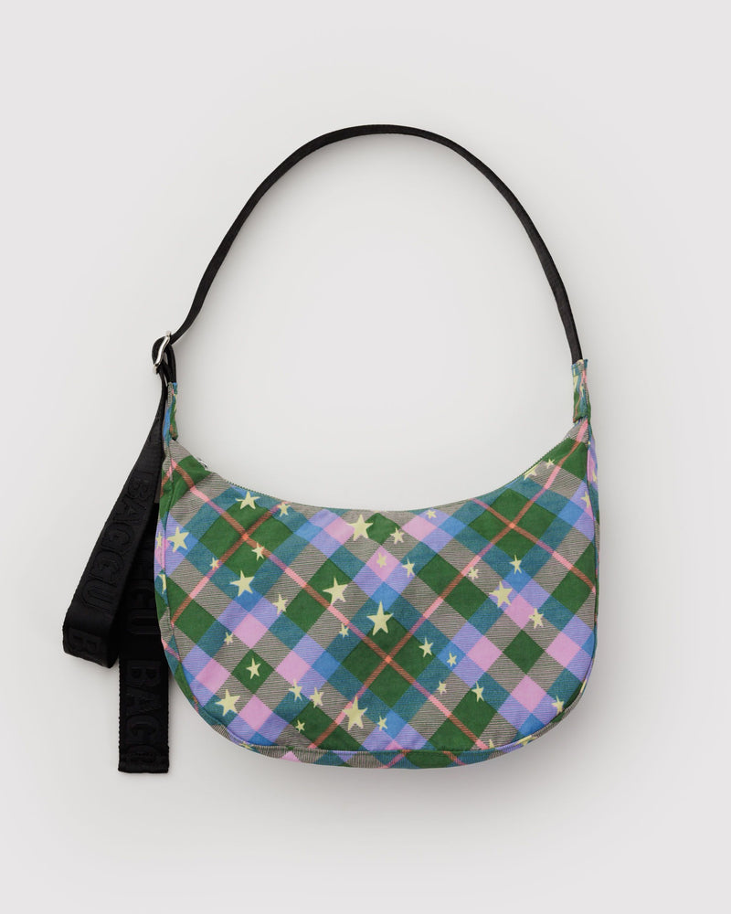 BAGGU • “Green Star Plaid” Medium Nylon Crescent Bag