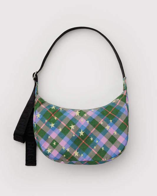 BAGGU • “Green Star Plaid” Medium Nylon Crescent Bag