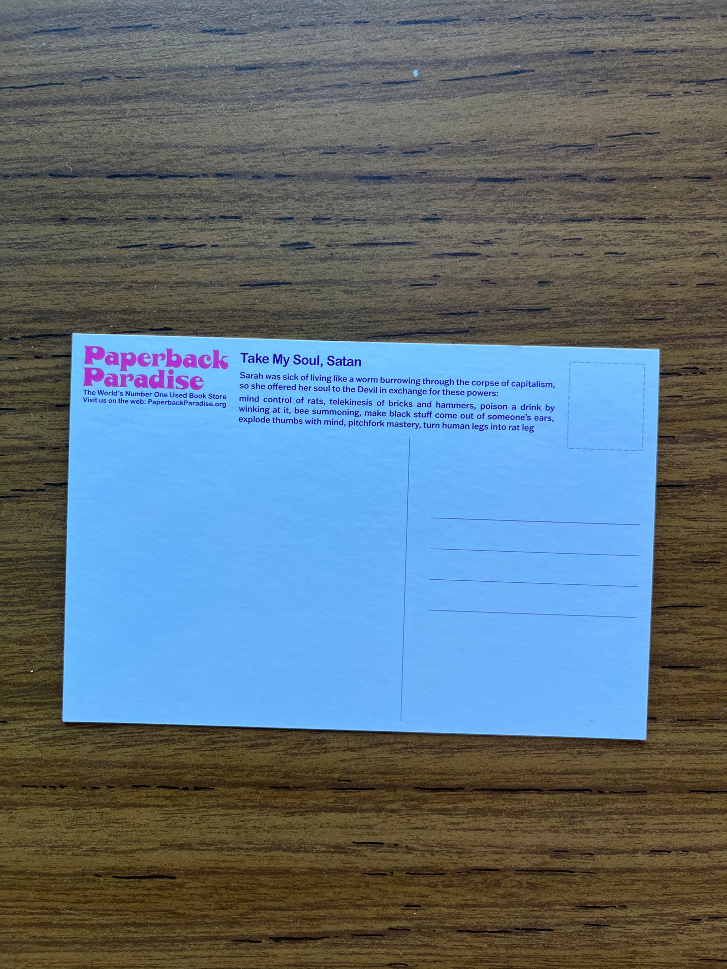 Take My Soul, Satan Postcard