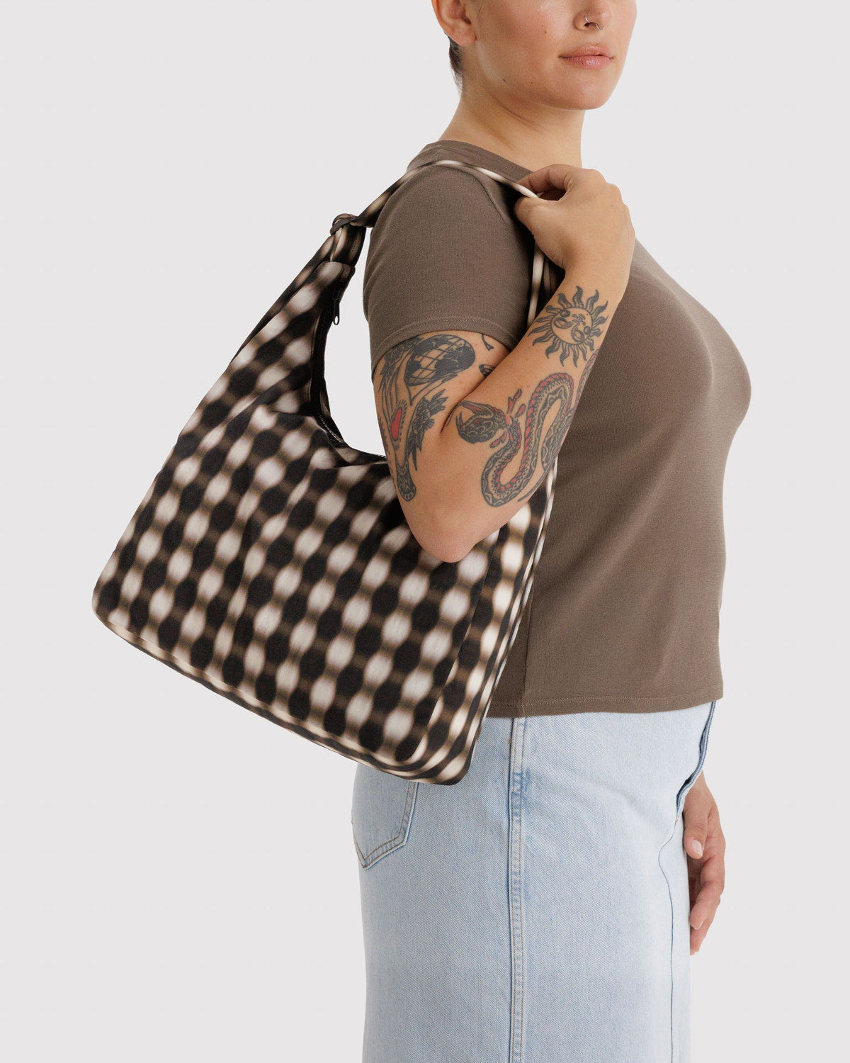 BAGGU • “Blurred Gingham Brown” Nylon Shoulder Bag