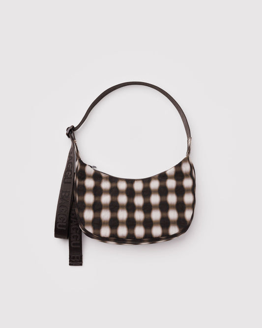 BAGGU - “Blurred Gingham Brown” Small Nylon Crescent Bag