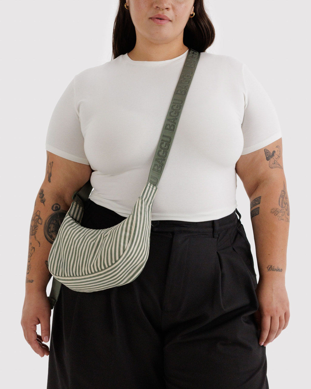 BAGGU • “Sage Stripe” Small Crescent Bag