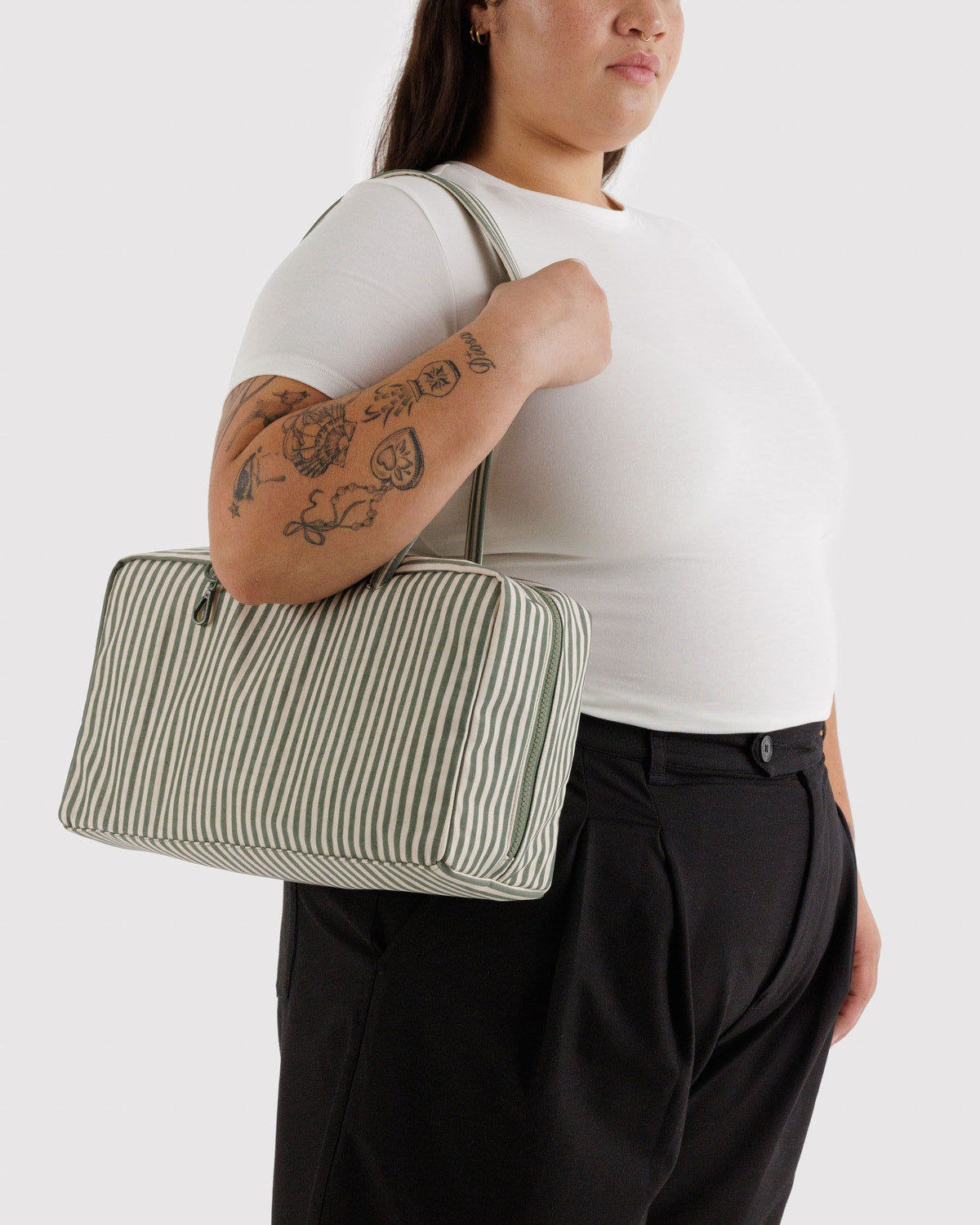 BAGGU • “Sage Stripe” Medium Nylon Bowler Bag