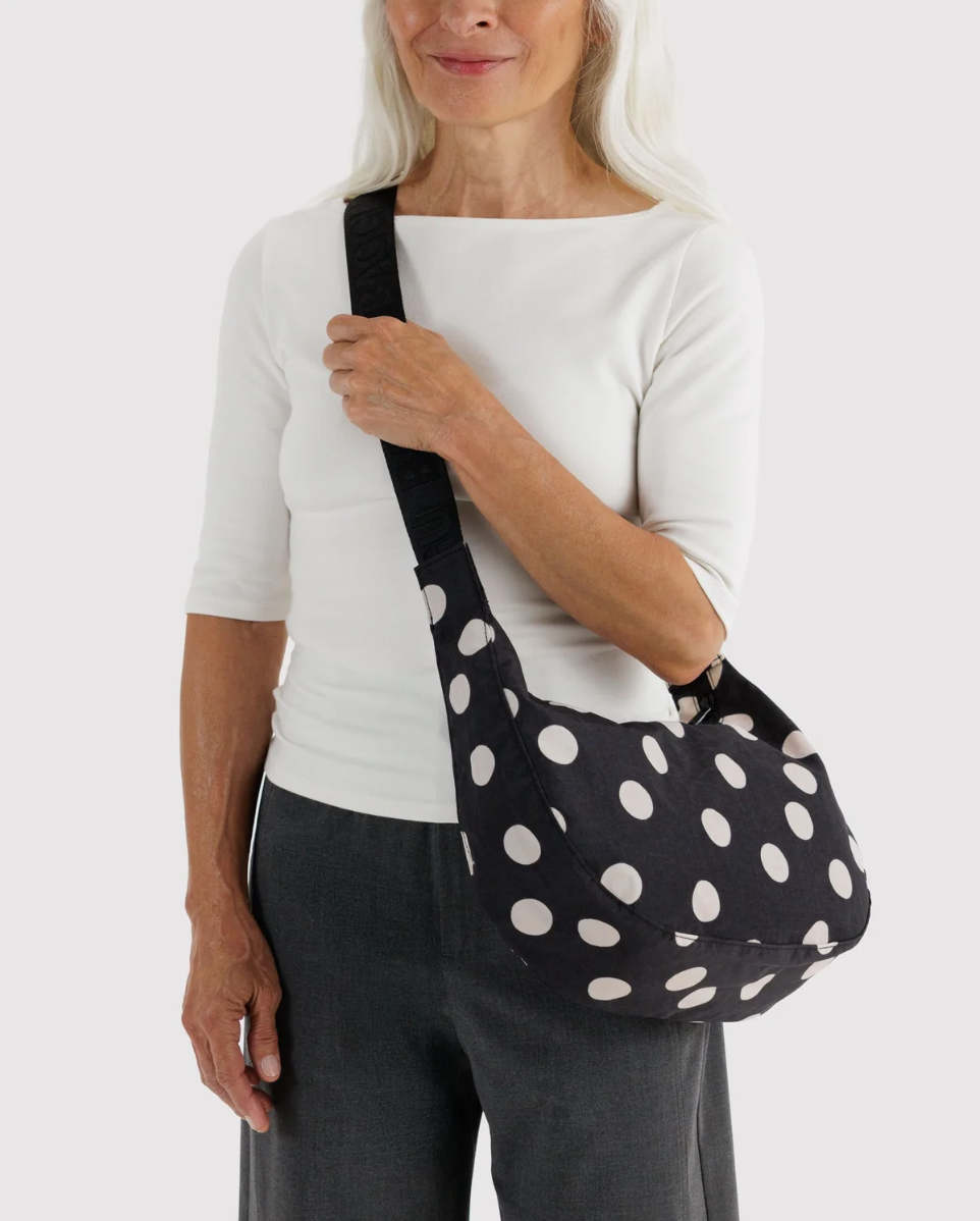 BAGGU • “Black and Cream Polka Dot” Medium Nylon Crescent Bag