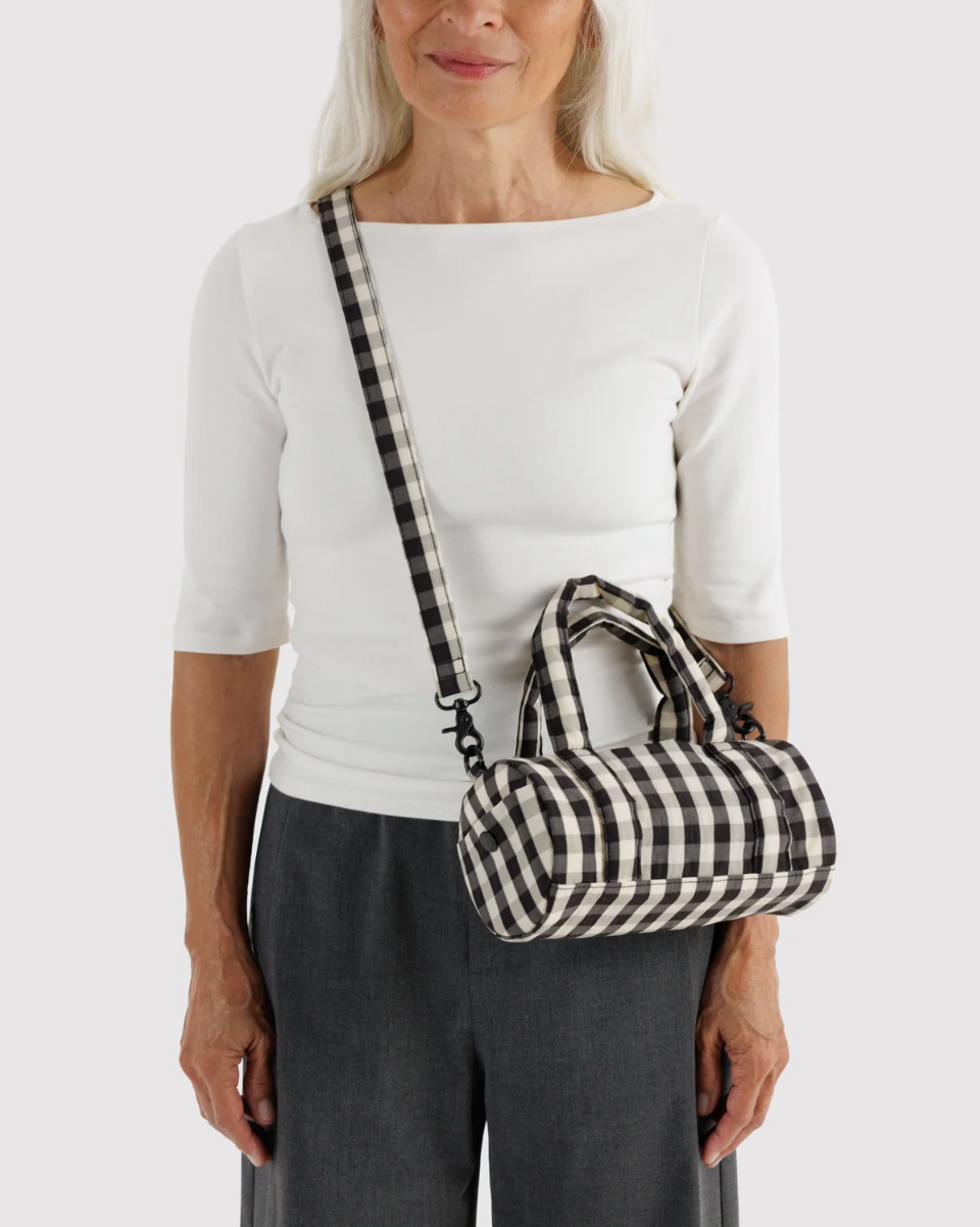 BAGGU • “Black and Cream Gingham” Small Nylon Duffle Bag