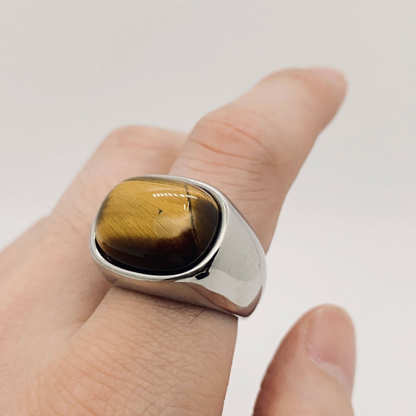 Tiger Eye Stone Men's Stainless Steel Ring, Size 7