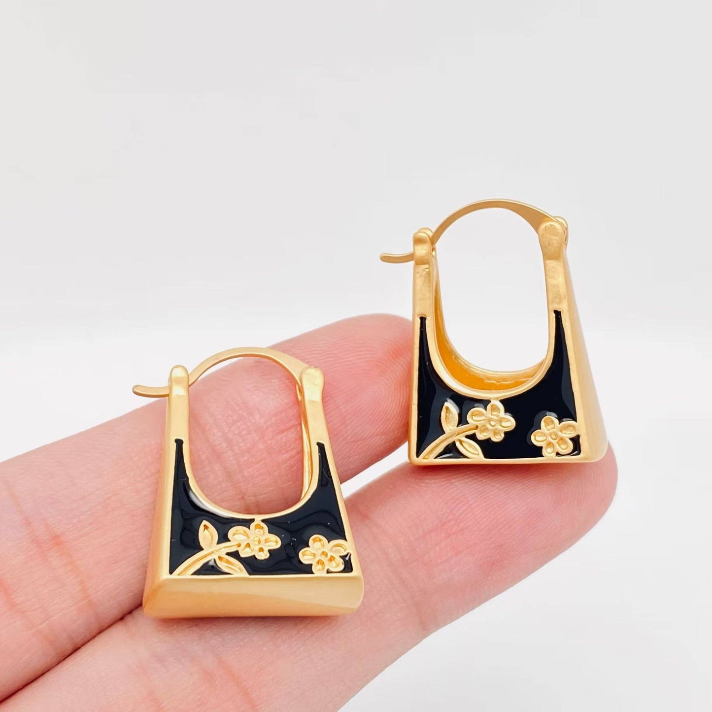 Black Enamel Flower Drop Design Huggie Earrings, Gold Color