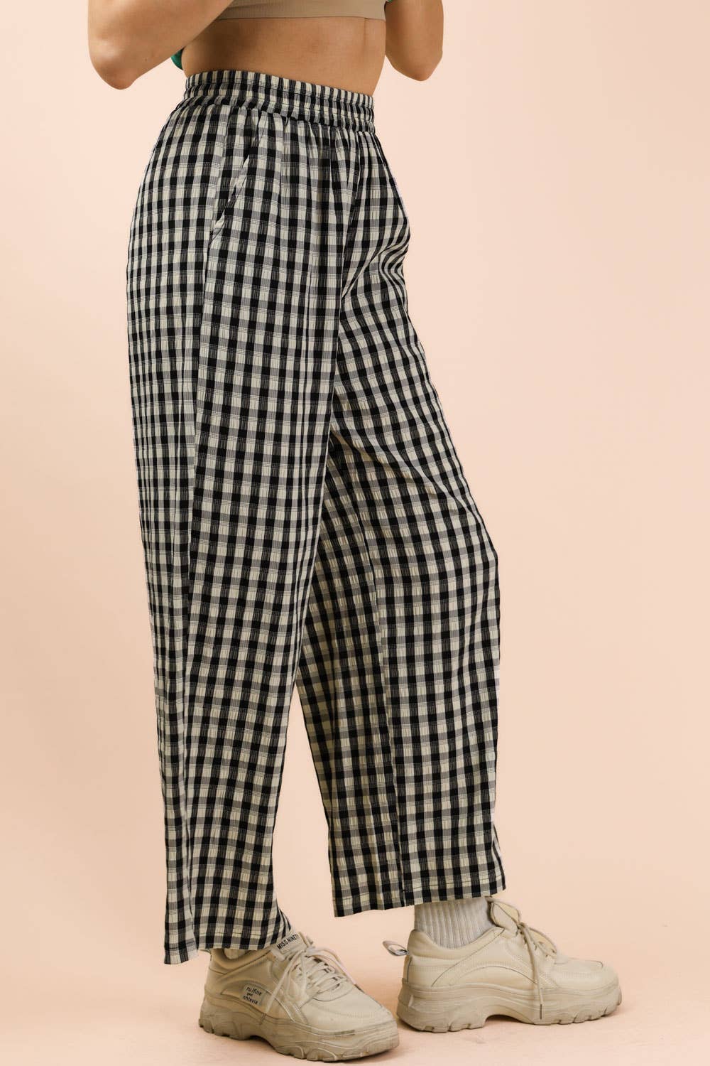 VERY J • Gingham Casual Elastic Relaxed Bottom Pants