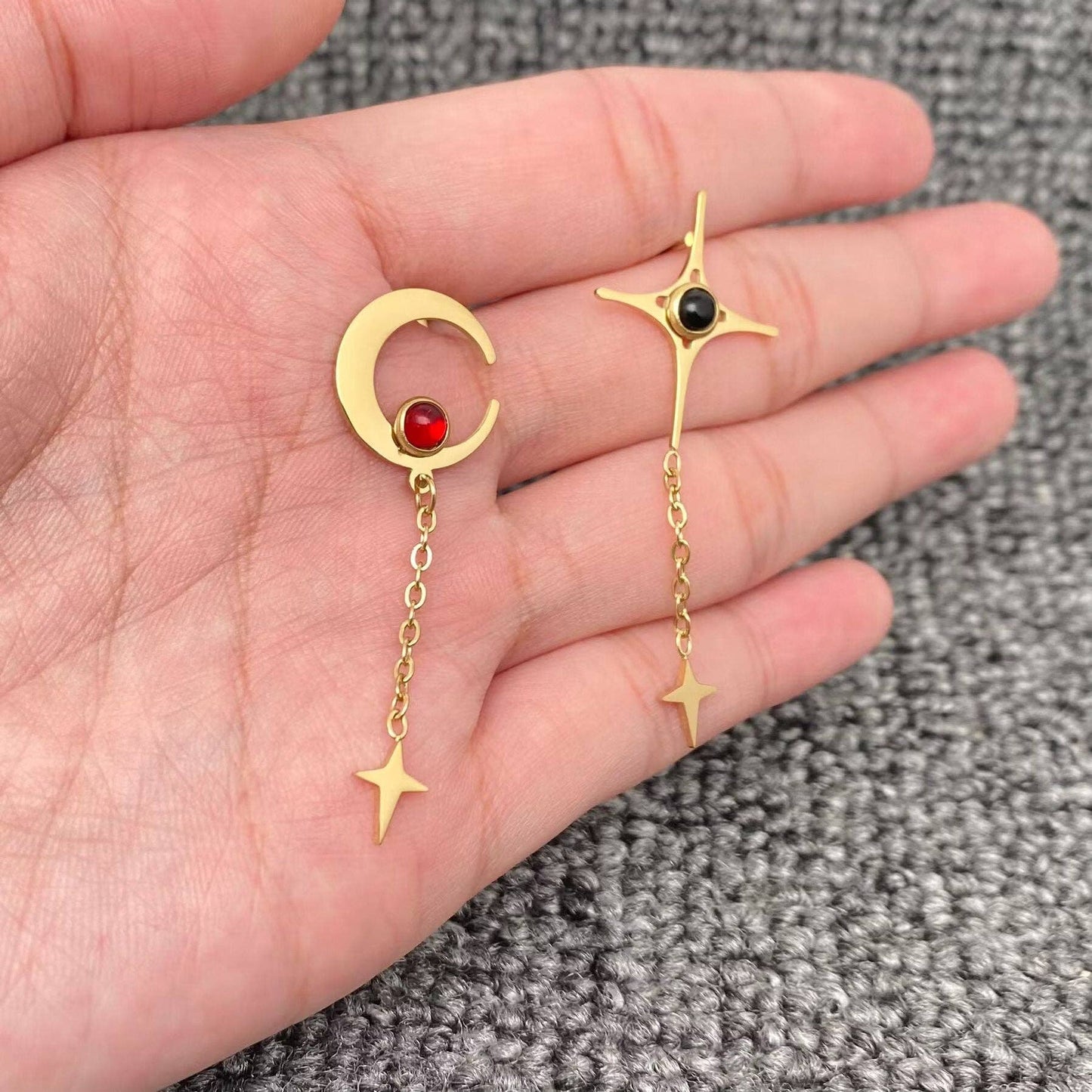 Asymmetric Celestial Star Moon Post Earrings, Gold Color