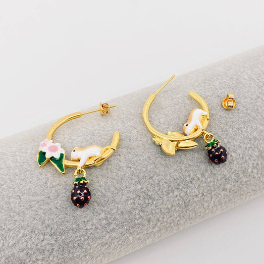Hamster Picking Raspberrie Enamel Hoop Earrings, Gold Color