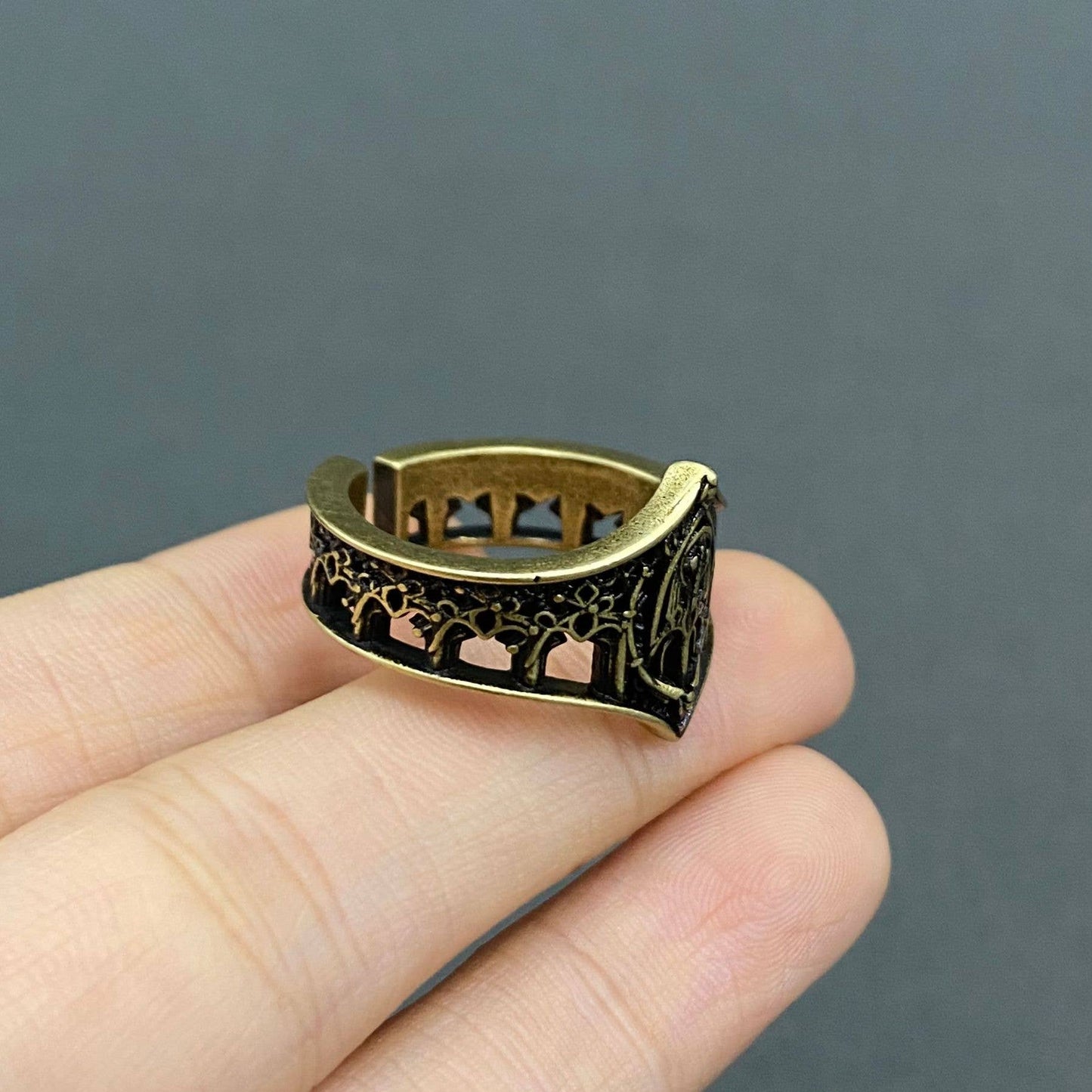 Vintage Gothic Style Castle Ring, Aged Gold Color